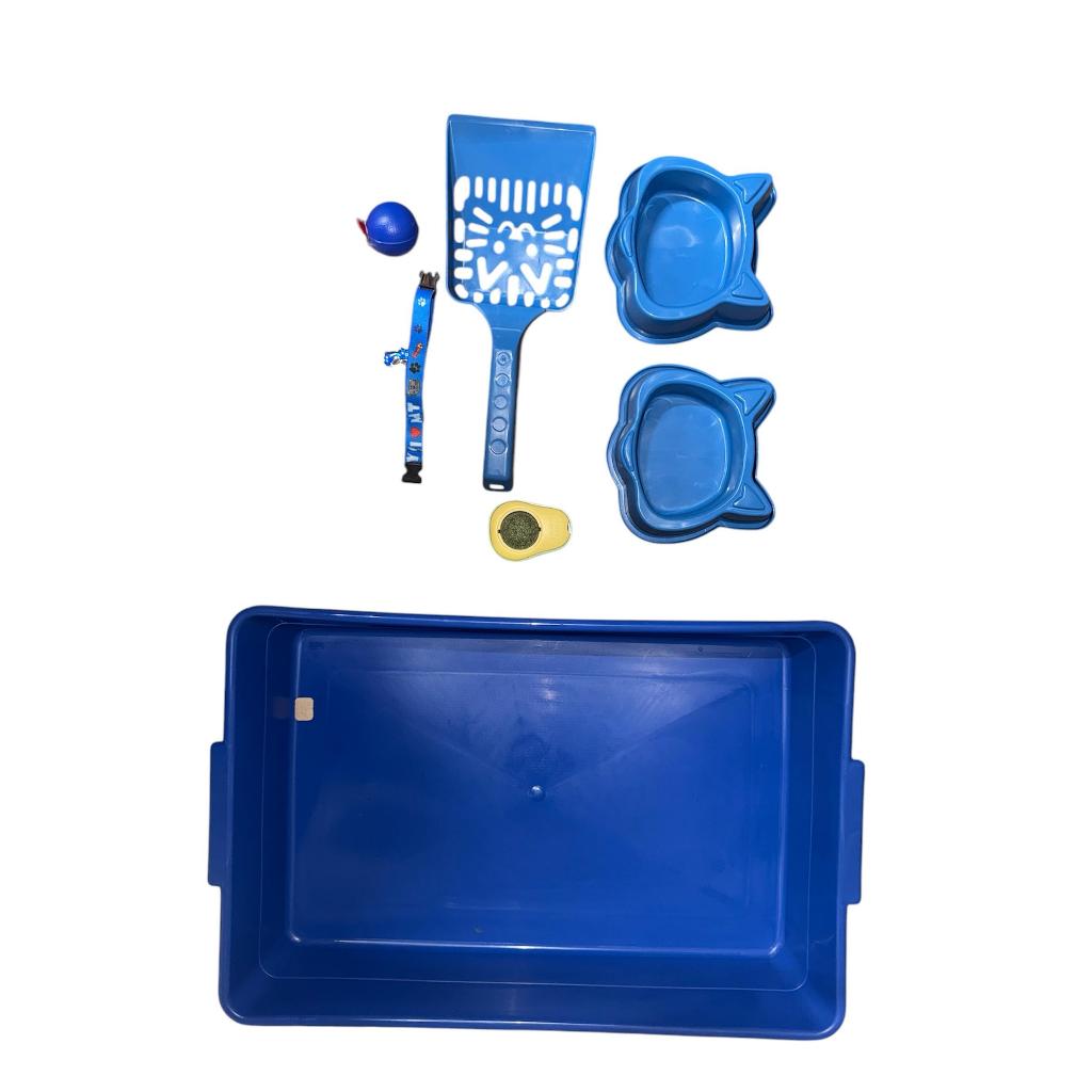 Kit Filhote - Bandeja para Gatos com Comedouro e Bebedouro, Pá Higiênica, Brinquedos e Coleira