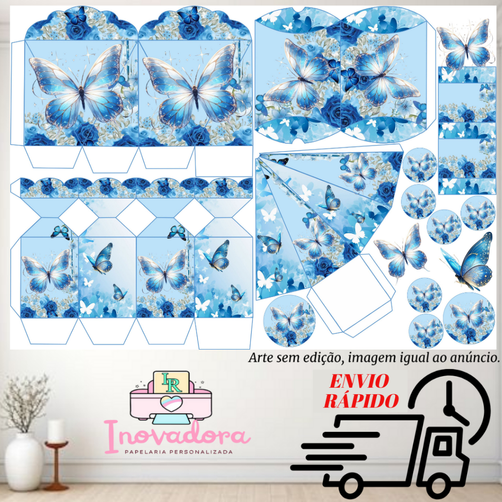 Kit com 75/150 itens lembrancinhas TEMA BORBOLETA AZUL (COM/SEM NOME) - Envio Rápido em Oferta na Shopee