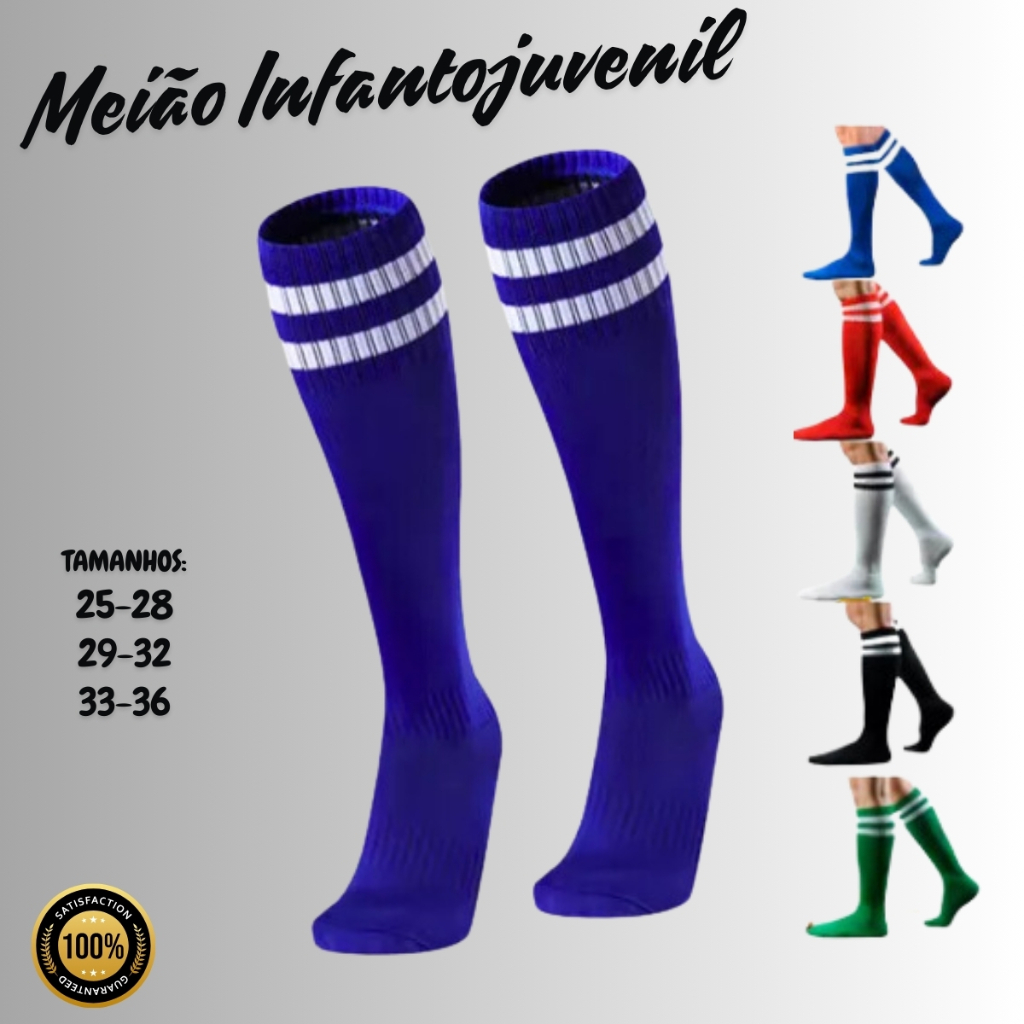 Kit com 2, 3 ou 4 Pares de Meião de Futebol Cano Alto Listras Meia Jogador Infantil Juvenil Esporte Treino Vôlei Corrida
