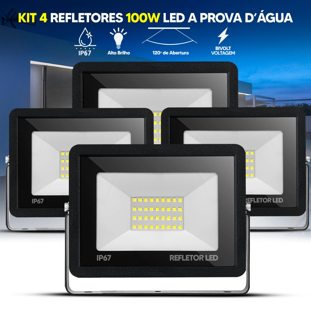 Kit Refletor LED 100W Holofote Slim Bivolt IP67 Luz Branco Frio 6500K Alta Potência à Prova D'Água