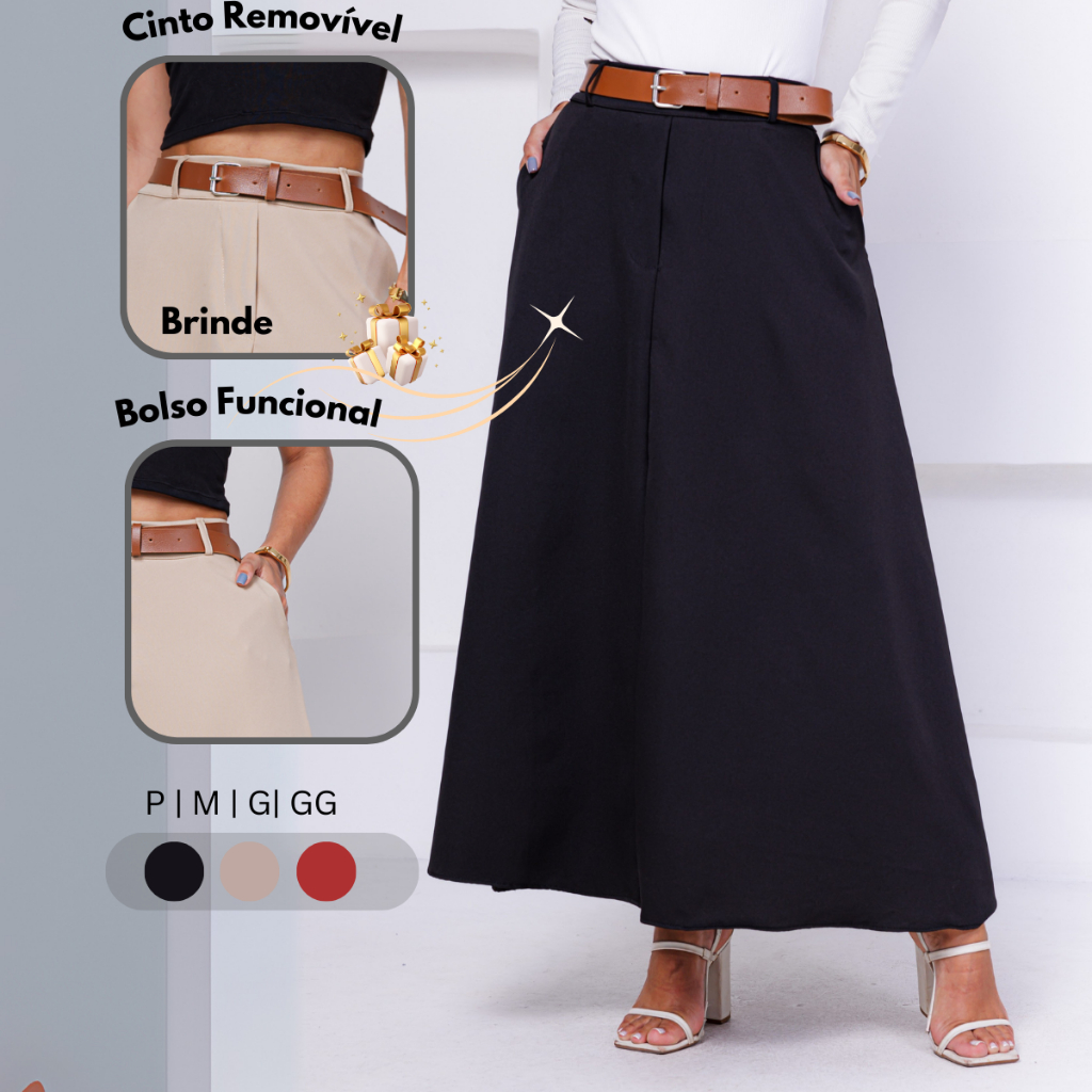Saia Godê Longa Social Rodada Alfaiataria Cinto Bolsos Moda em Oferta na Shopee