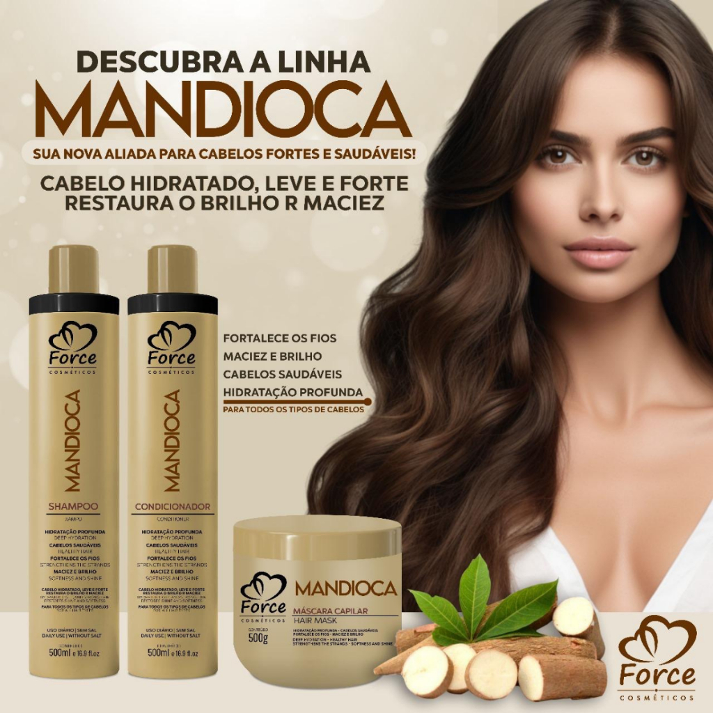Kit pós quimica de mandioca- Shampoo, Condicionador e Máscara- 500g Tratamento reconstrutor de fios