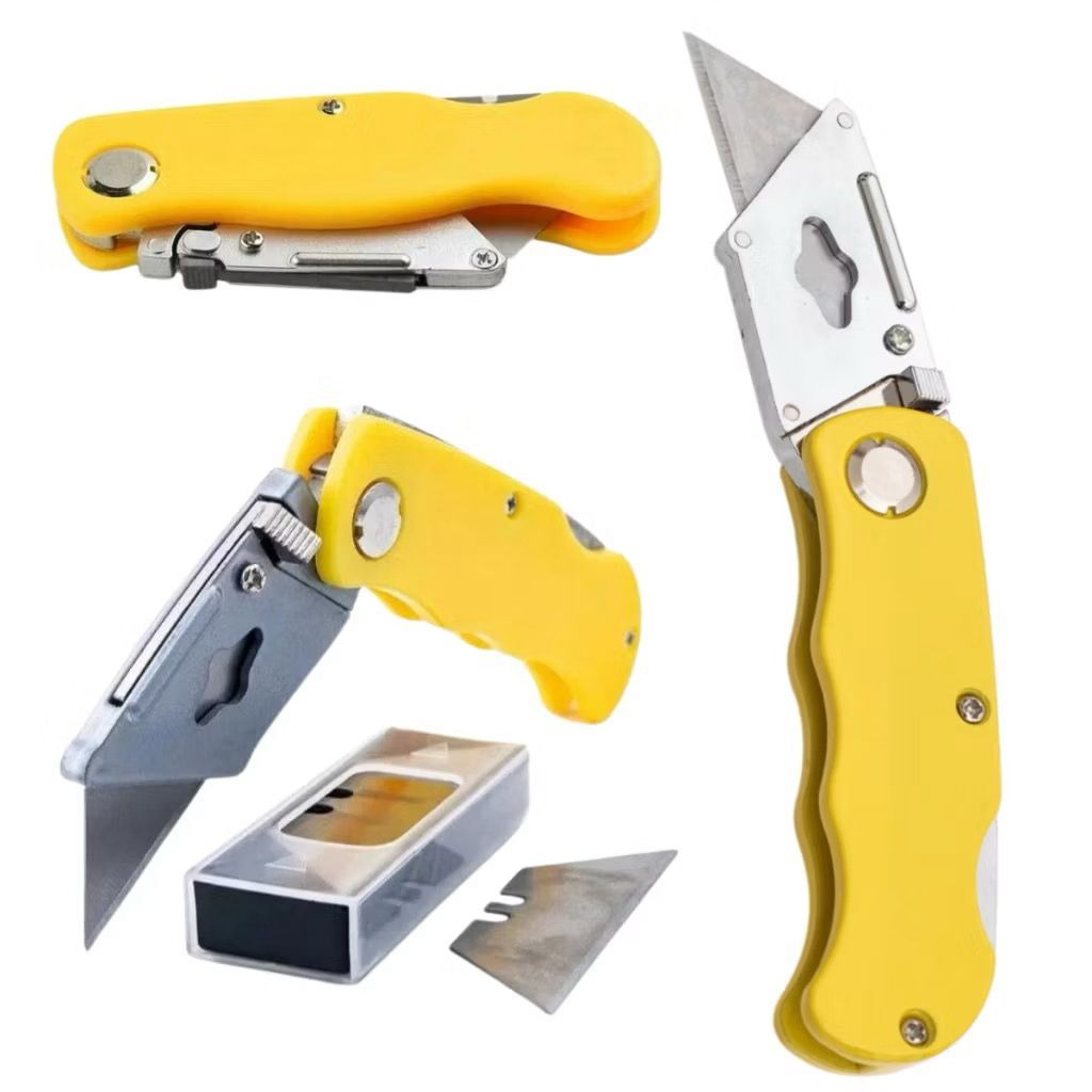 Estilete Profissional Retratil Trapezoidal De Segurança Com 3 Lâminas Metal Reforçado Dobrável