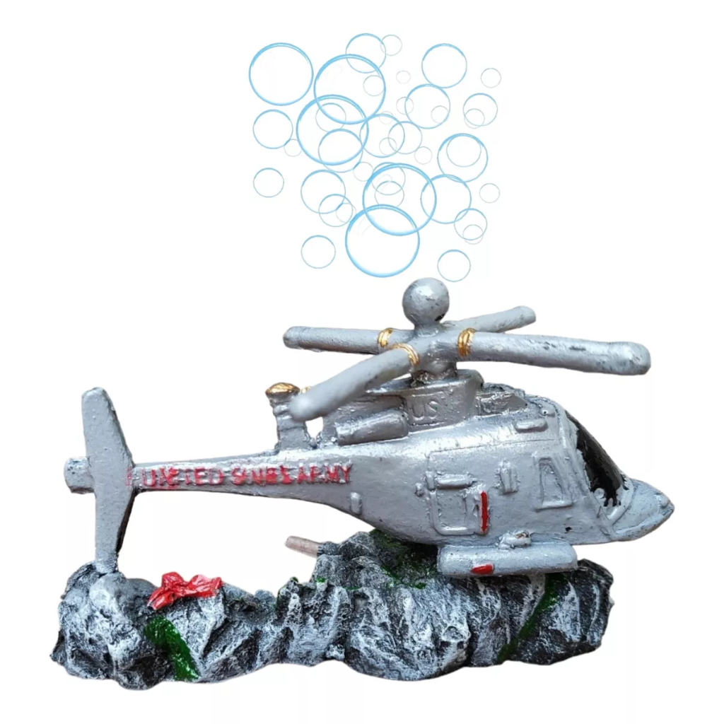 Enfeite Aquário Helicóptero Solta Bolhas Para Compressor Ar Oxigenador Bolha Fundo Do Mar Resina Terrario Tartarugas