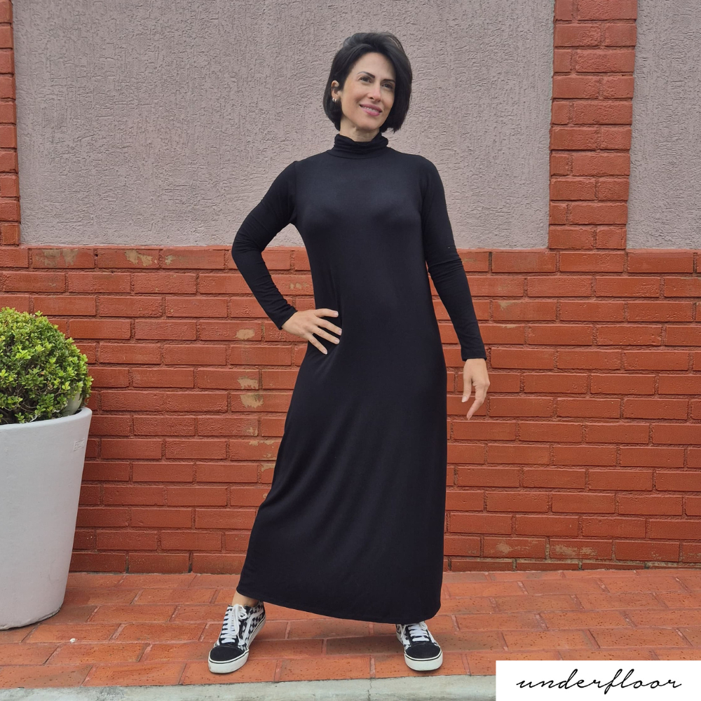 VESTIDO FEMININO PRETO MANGA LONGA MIDI LONGO GOLA ALTA BOHO OUTONO INVERNO ESTILO CASUAL ELEGANTE em Oferta na Shopee