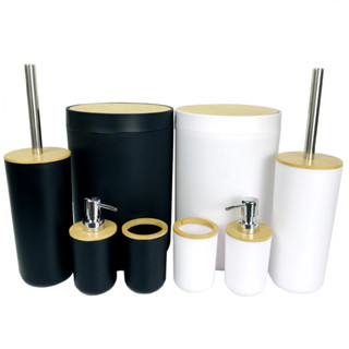 Kit Banheiro Lavabo Conjunto Acessórios lixeira escova 4 Peças Bambu Luxo