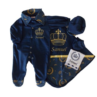 Saída de Maternidade Menino Personalizada com o Nome do Bebê Estampa Coroa em Oferta na Shopee