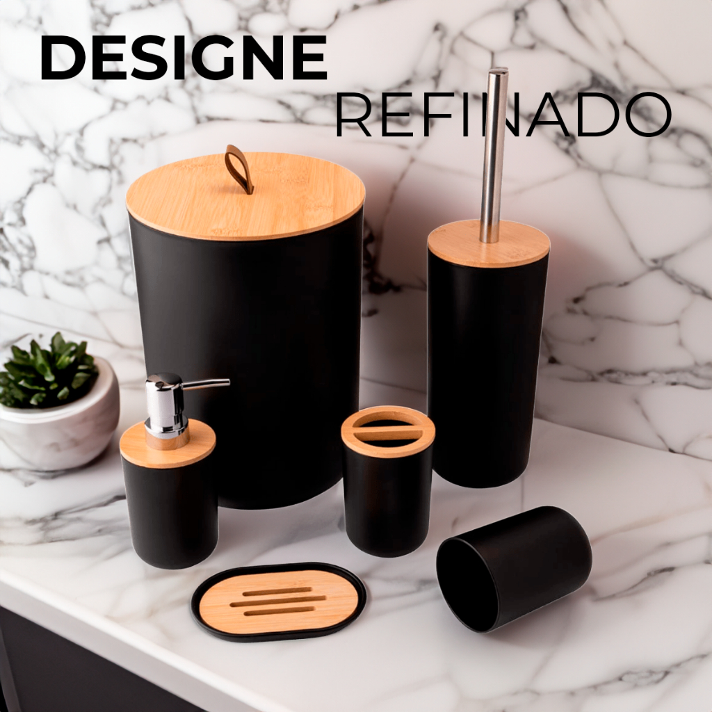 Kit Com 6 Peças Banheiro Conjunto Completo Lixeira Tampa Basculante Bambu Lavabo Escova Sanitária