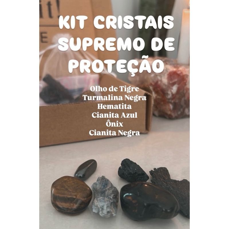 Kit Supremo de Proteção com 6 Cristais mais Poderosos Blindagem Olho de Tigre - Turmalina Negra - Hematita - Cianita Neg