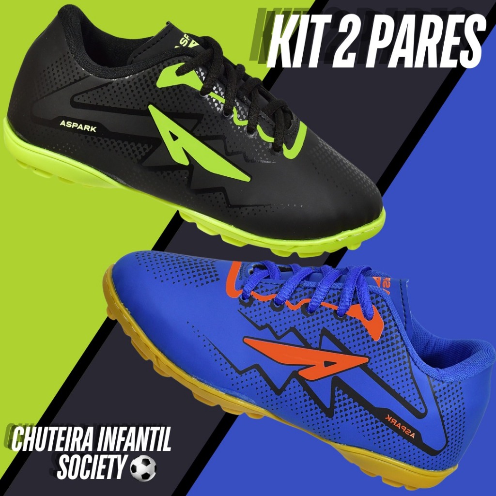 2 Pares Tênis Chuteira Society Infantil Masculino Colada E Costurada Menino Societi Antiderrapante
