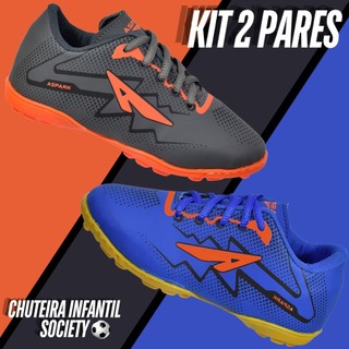 Kit 2 Pares Chuteira Society Tênis Infantil Masculino Grama Sintética Criança Biqueira Reforçada