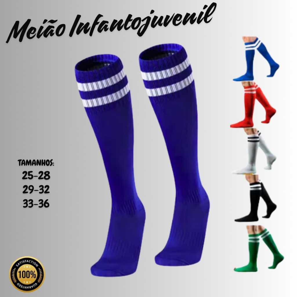 Kit com 3 ou 6 Pares de Meião de Futebol Cano Alto Listras Meia Jogador Infantil Juvenil Esporte Treino Vôlei Corrida
