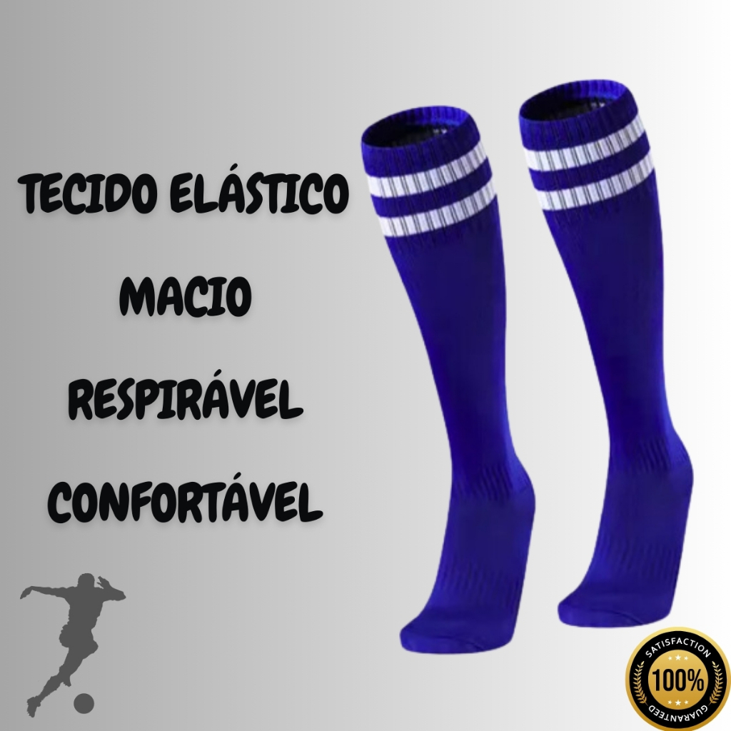 Kit com 3 ou 6 Pares de Meião de Futebol Cano Alto Listras Meia Jogador Infantil Juvenil Esporte Treino Vôlei Corrida