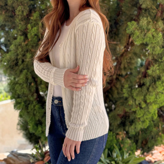 Casaco Tricot Off White Feminino Básico Tranças Aberto com Botões Inverno Cardigan Frio em Oferta na Shopee