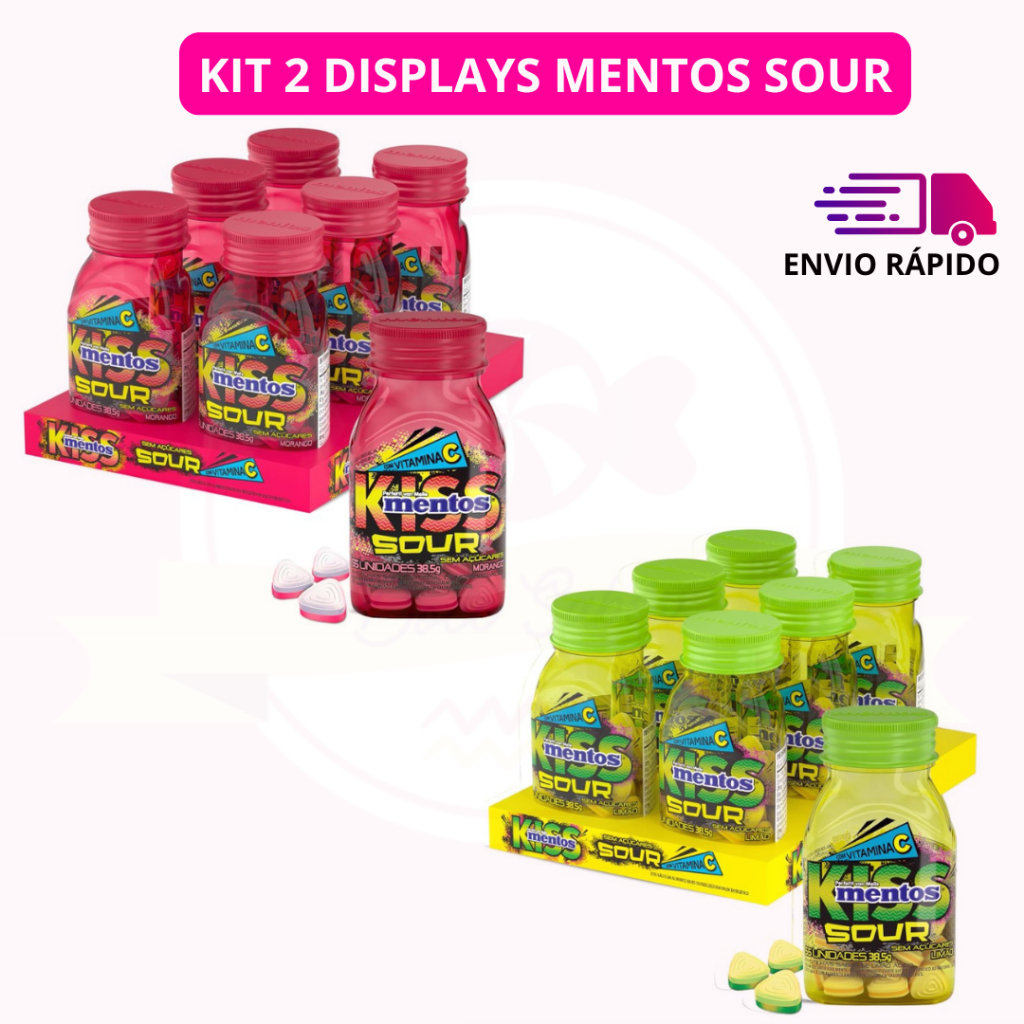 Display Bala Mentos Kiss Sour Limão Morango 38,5g Pastilha Drops Sem Açúcar Vitamina C em Oferta na Shopee