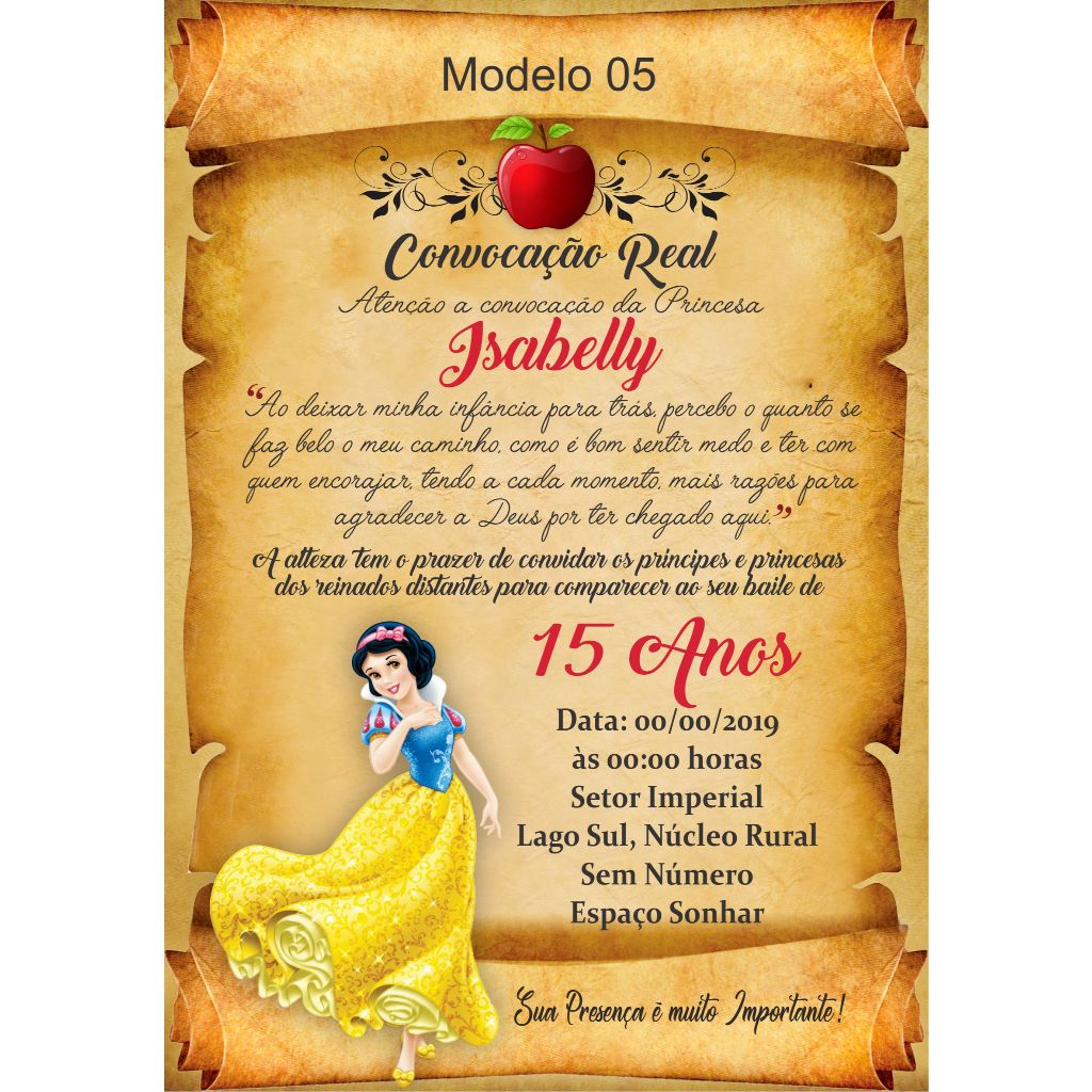 Convites Pergaminhos Branca de Neve Festa de Aniversário Debutante 15 Anos + Convites Individuais