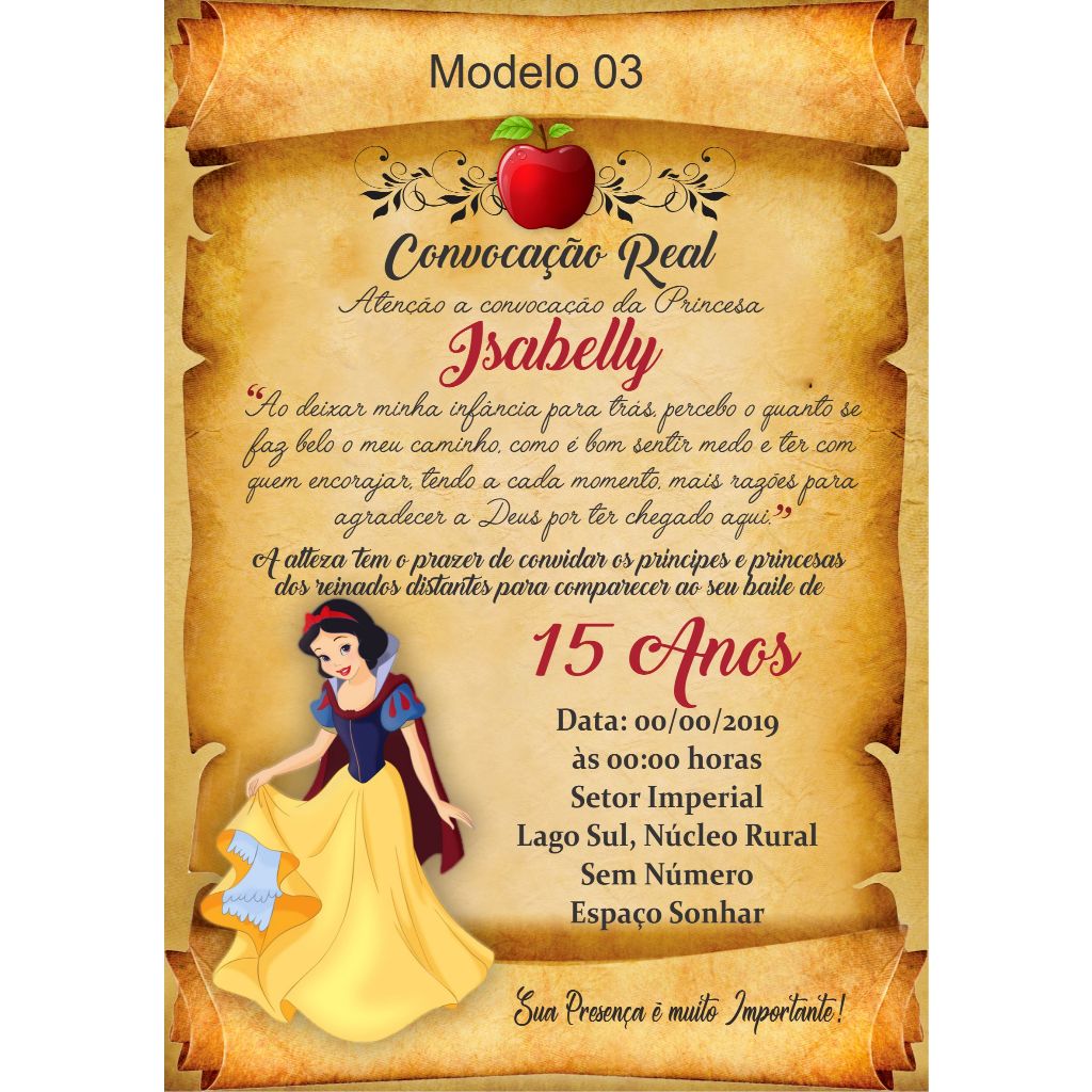 Convite Festa 15 Anos Debutante Branca de Neve - Convite Pergaminho 15 Anos + Individuais