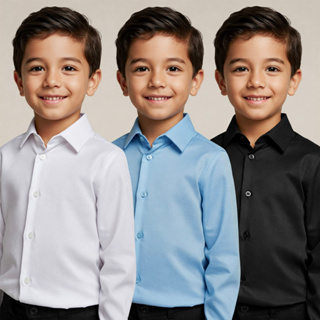 Camisa social infantil manga longa cor Preta, azul claro, branca, Tecido Confortável em Oferta na Shopee