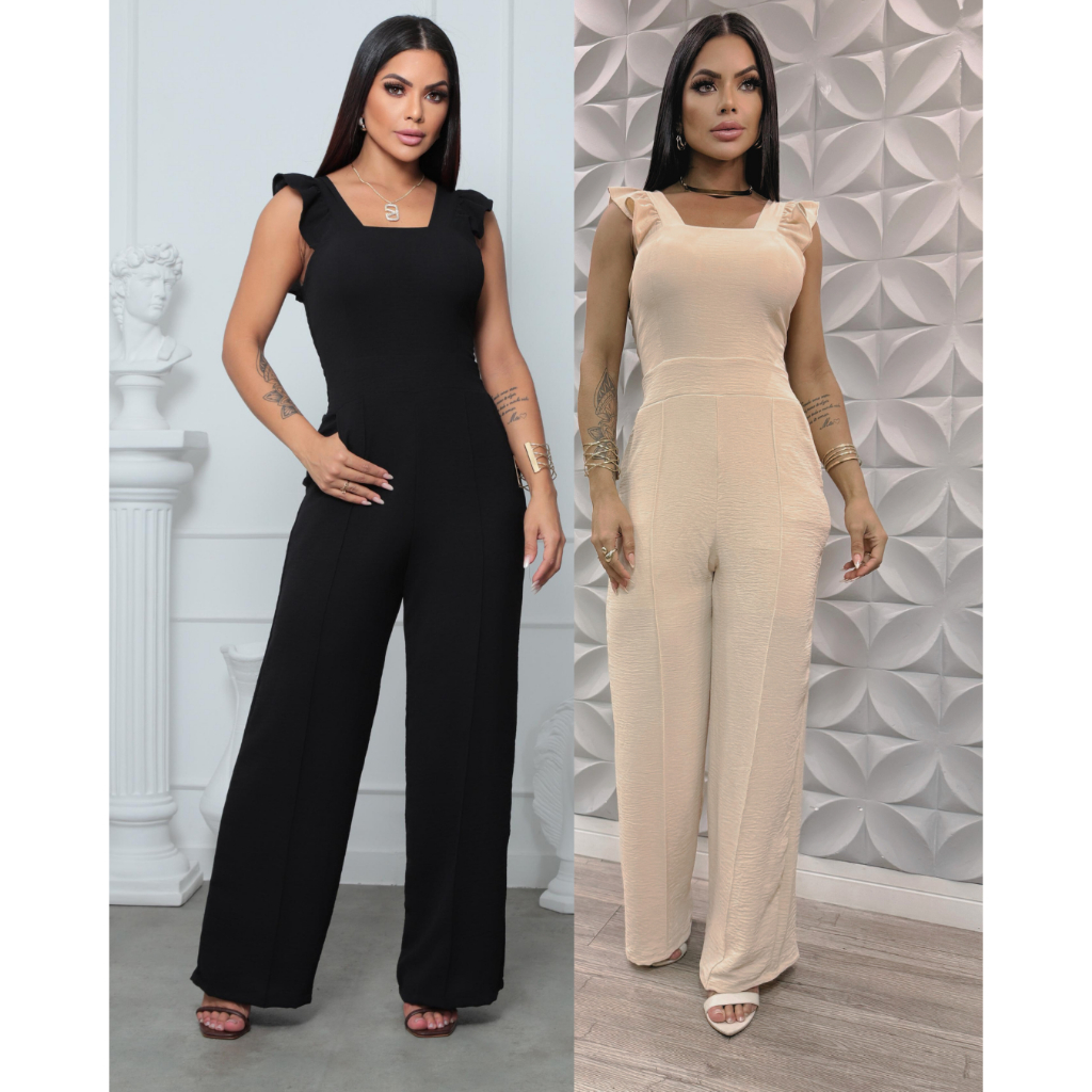 Macacão Longo Pantalona Elegante em Tecido Duna com Bojo Lastex Bolso