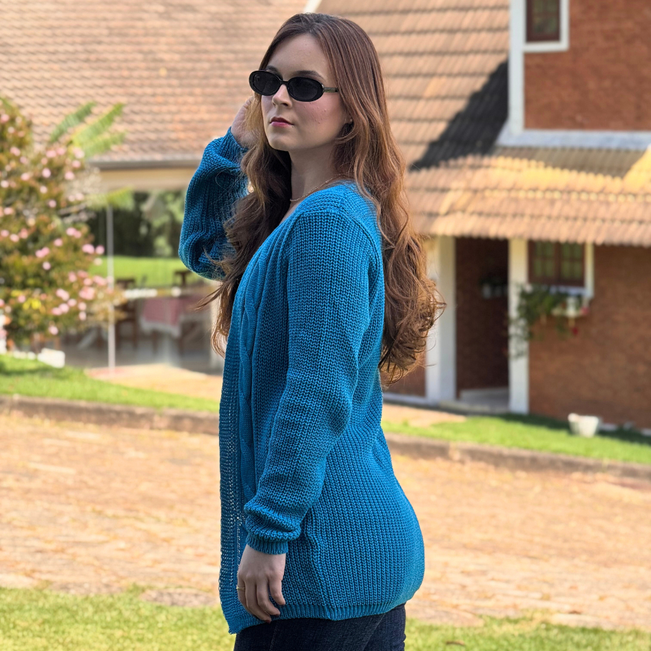 Cardigan Azul Turquesa Casaco Feminino Moda Feminina Tricot Trança com Bolso Frio Inverno