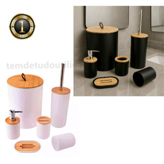 Kit Banheiro 6 Peças Tampa Bambu e Plástico Lixeira Escova Snitária Porta Escova e Sabonet...
