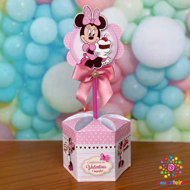 Centro de Mesa Sextavado Lembrancinha Confeitaria da Minnie Personalizado Decoração Festa Infantil - Pegue e Monte
