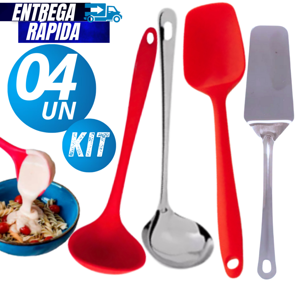 Kit 04/02  Concha de silicone + Concha Inox Premium + Espatula Reta + Espatula Aço Inox Variáveis Utilidades Premium