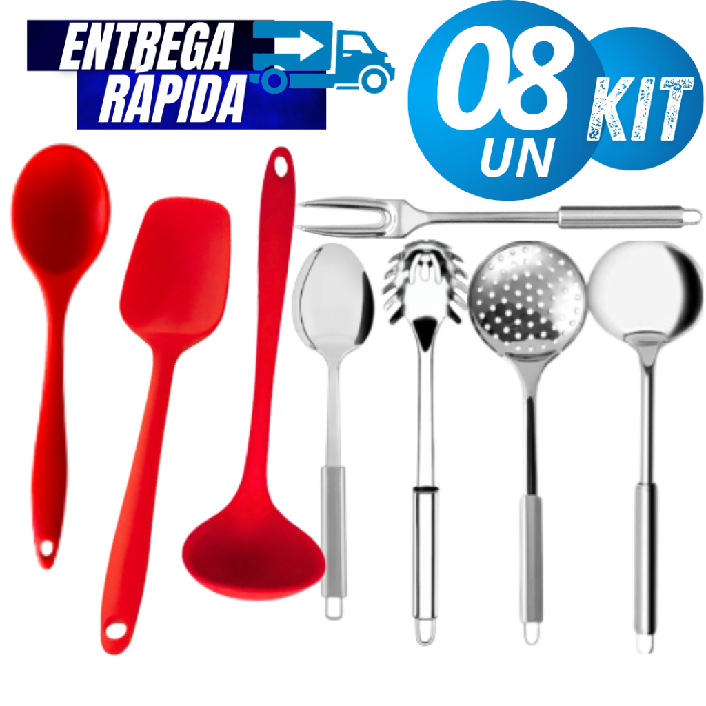 Jogo 08/05/03/02 Utensílios Cozinha Aço Inox Escumadeira Concha Colher Pegador de Massa GarTrinchante + 3 Utensílios