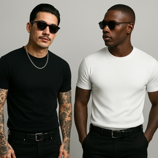 KIT 2: Camiseta Canelada Masculina Ribana Slim Basica Justa Ao Corpo Estilo Americana Rapper em Oferta na Shopee
