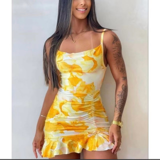 Vestido Floral Estampado Franzido com Bojo Alcinha e babado verão praia Dia de sol