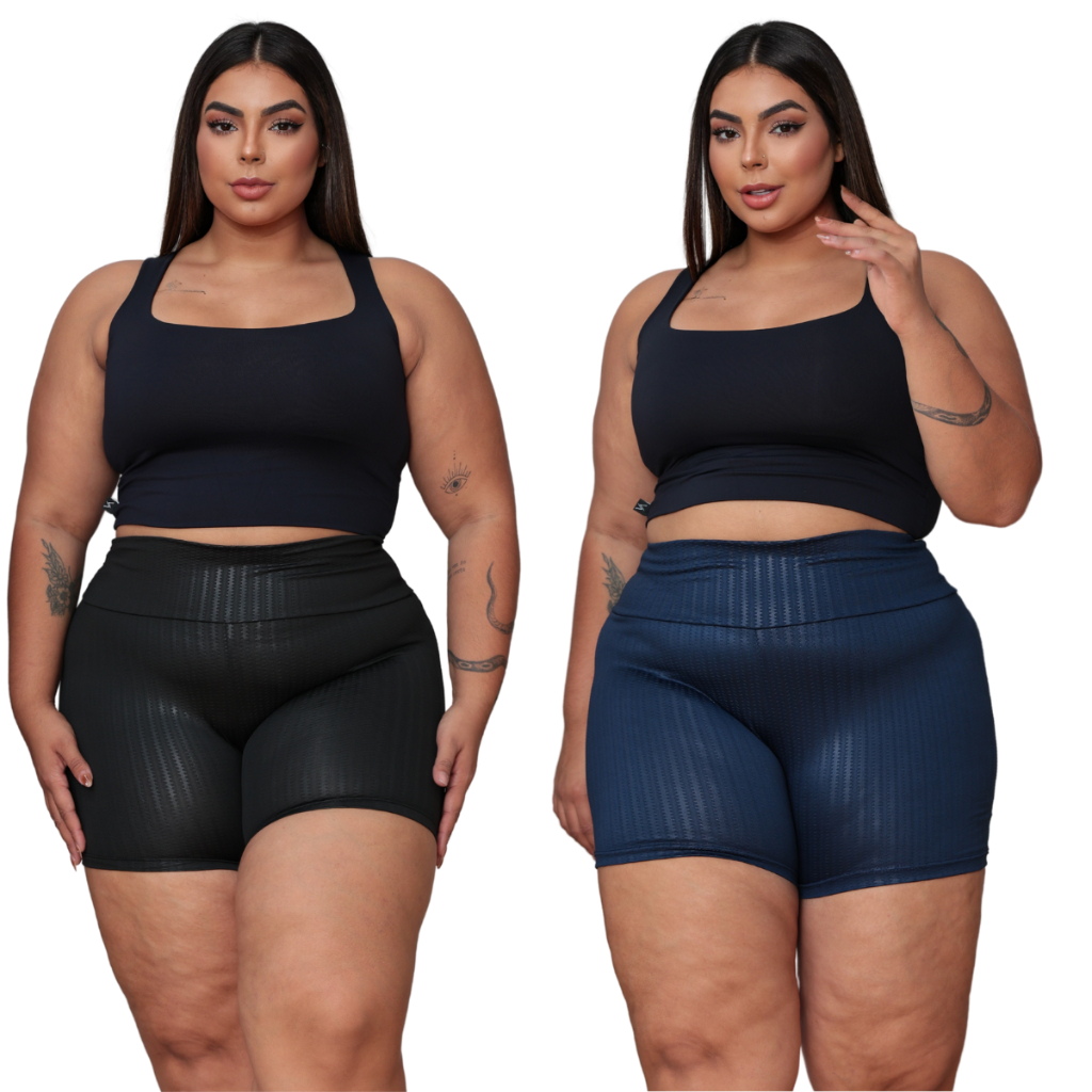 Kit 2 Short Feminino 3D Plus Size Legging Suplex Shortinho Feminina Academia Cintura Alta Levanta Bumbum