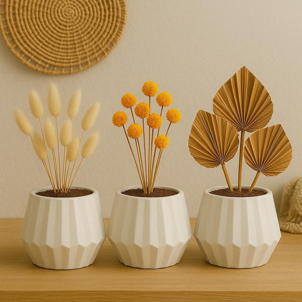 Trio de Vasos Kit Geométrico Minimalista Abstrato Diamante Moderno Branco 3pçs