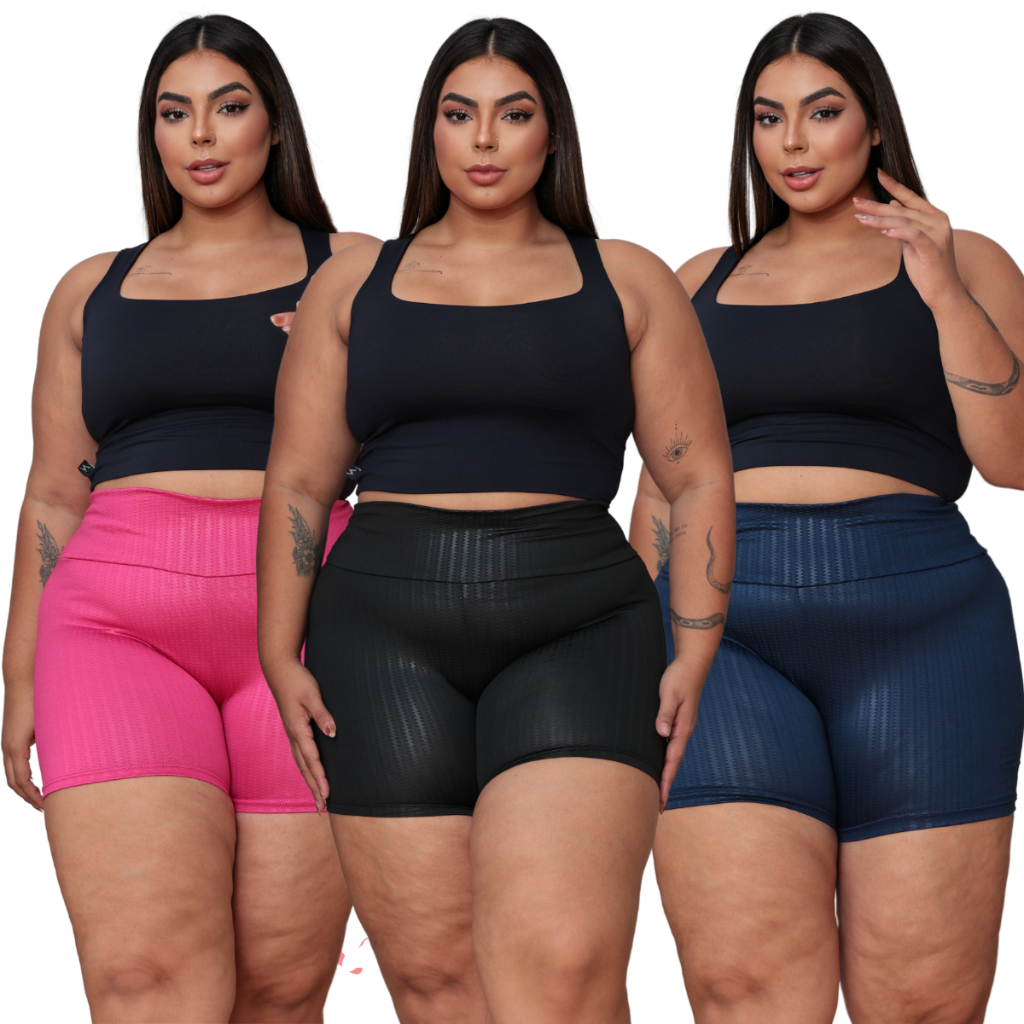 Kit 3 Short Shortinho Feminino 3D Plus Size Leg Suplex Feminina Academia Cintura Alta Levanta Bumbum