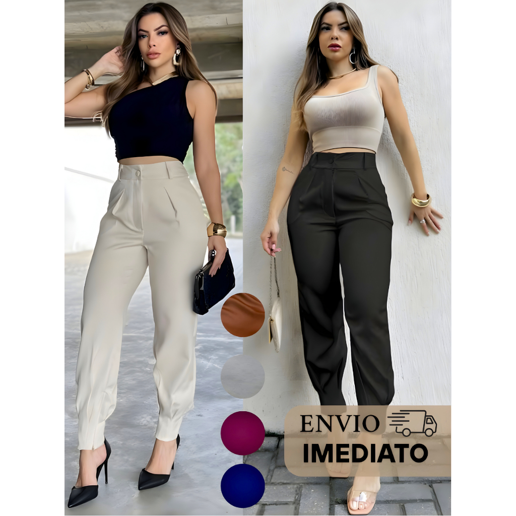 Calça Feminina Cenoura Tecido Alfaiataria Com Cinto Tendência 2025