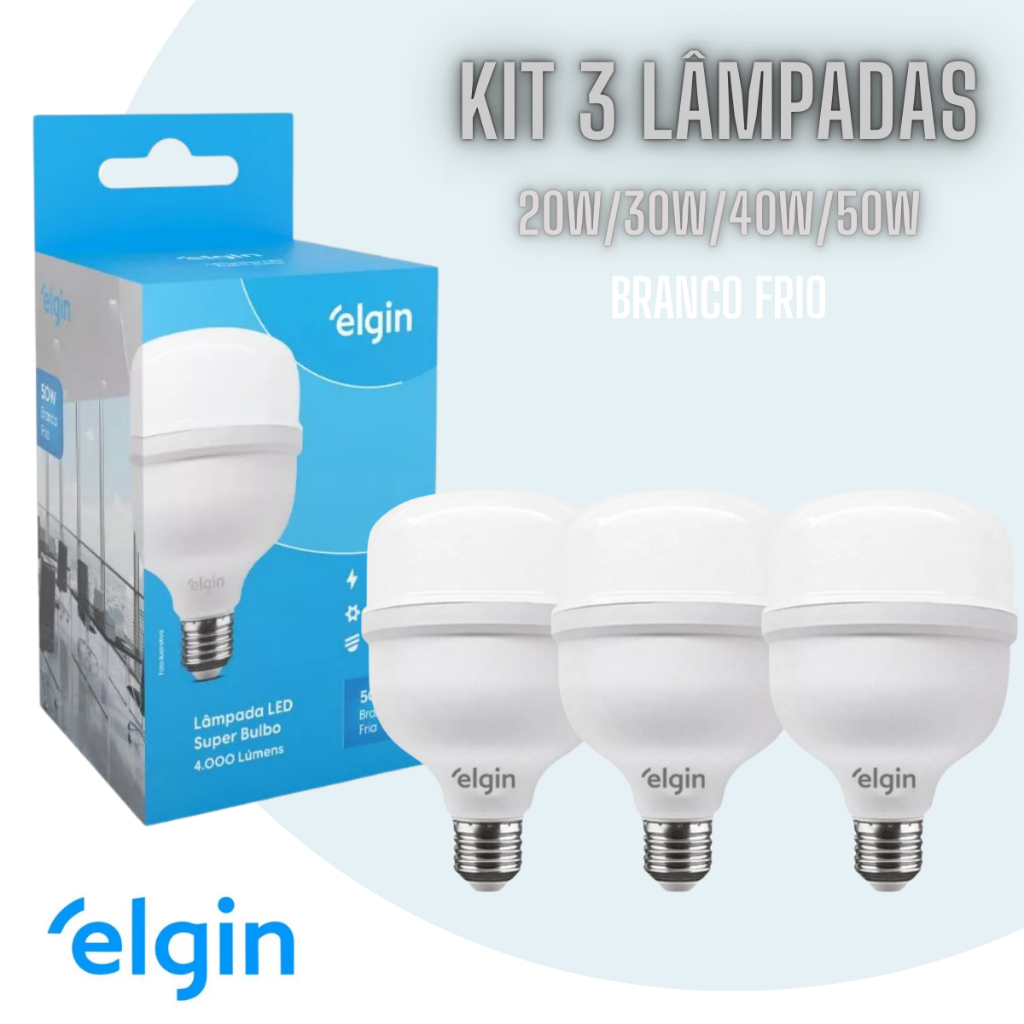 Kit 3 Lâmpadas Led Bulbo 20w/30w/40w/50w E27 110/220v Branco Frio 6500K em Oferta na Shopee