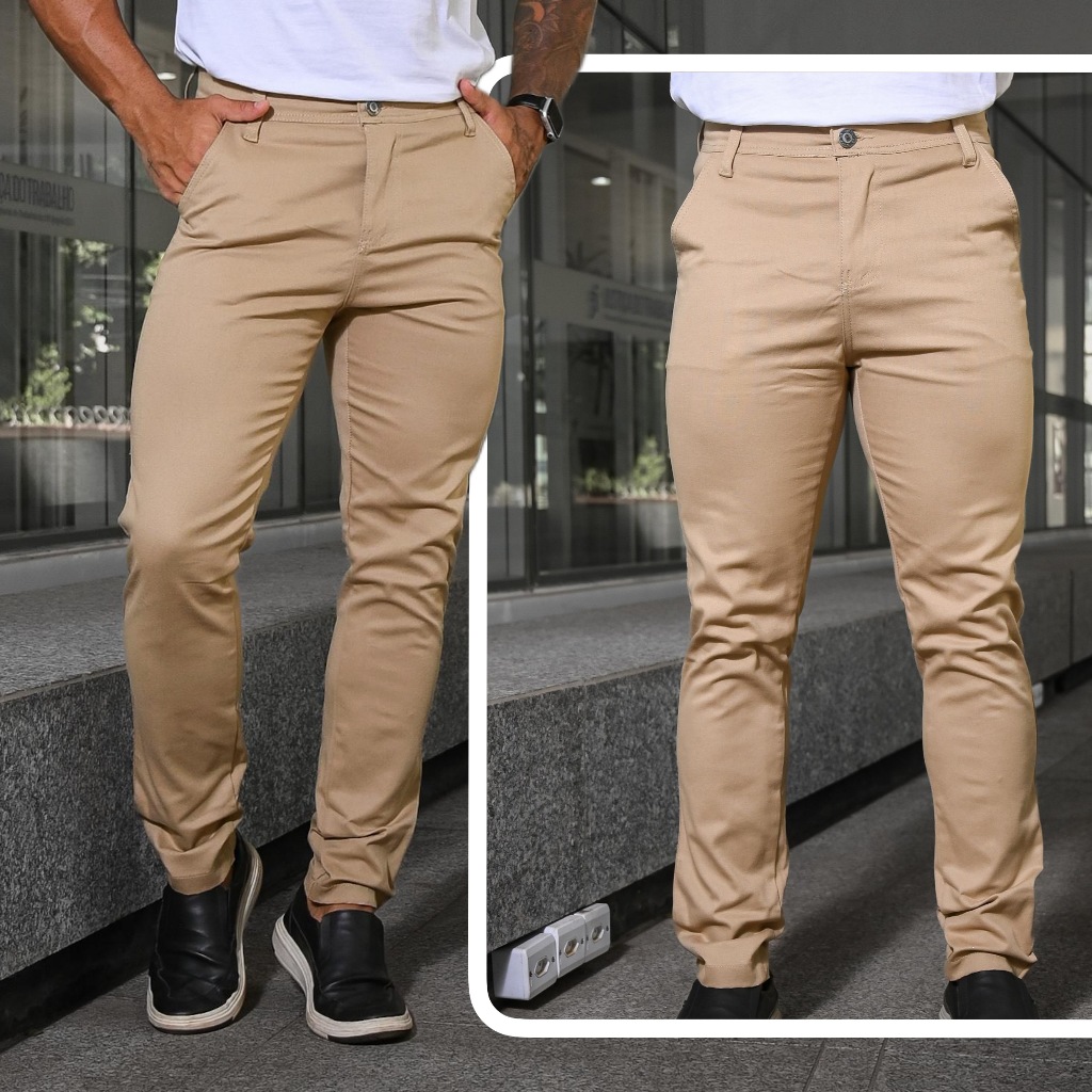 Calça Masculina Premium Esporte Fino Brim Com Elastano Moda Homem Slim Fit Alfaiataria Skinny Bege em Oferta na Shopee