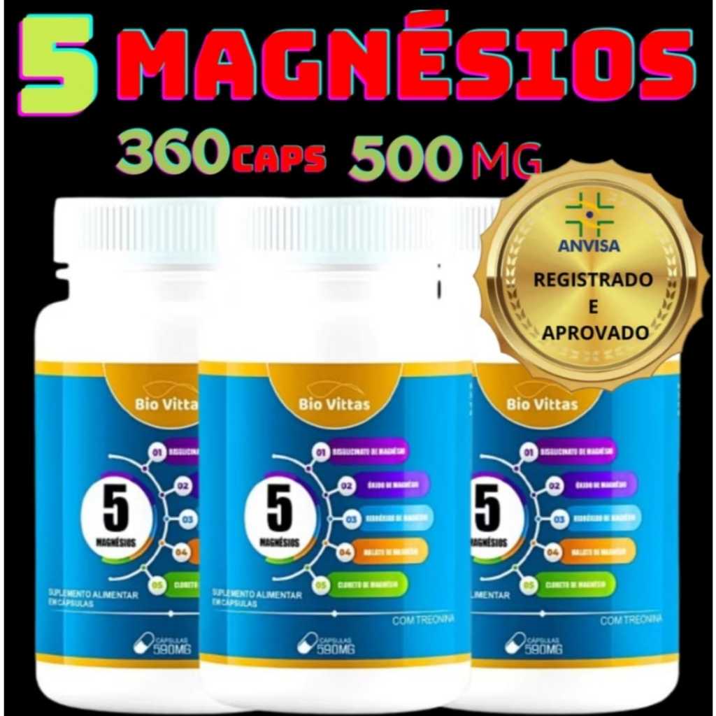 5 Magnésios 120 Cápsulas de 590 mg - (Cloreto de Magnésio, Malato, Hidroxido, Bisglicinato e Óxido)
