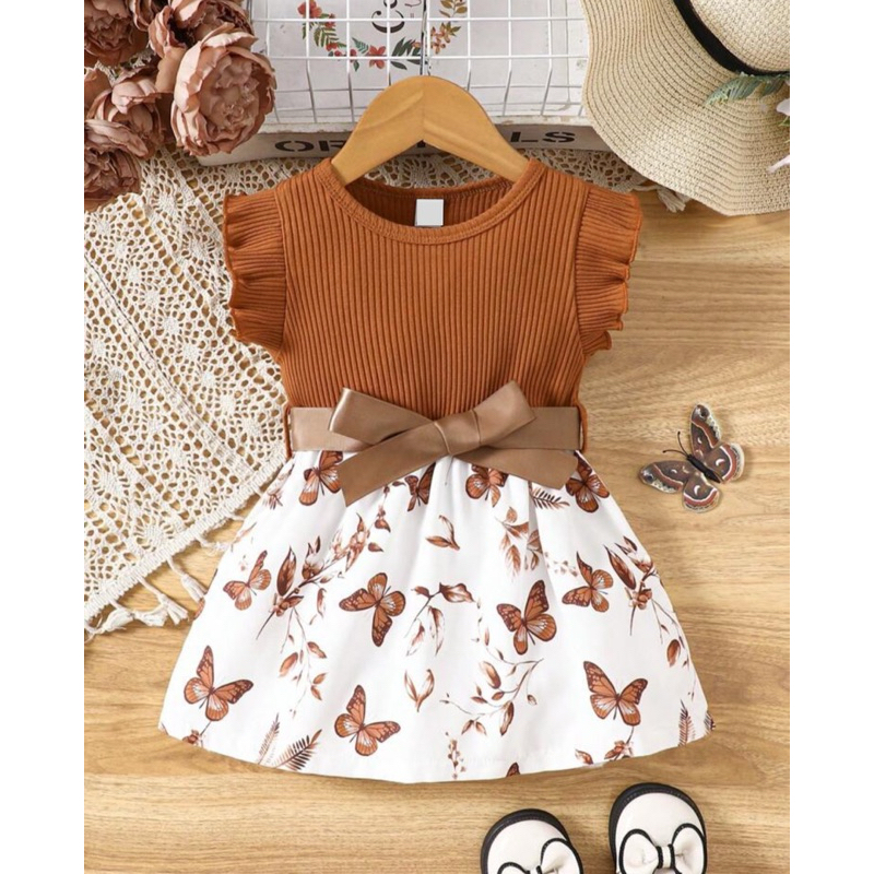 Vestido casual de uso diário para bebê menina, estampa de borboleta fofa com cinto, adequado para passeios