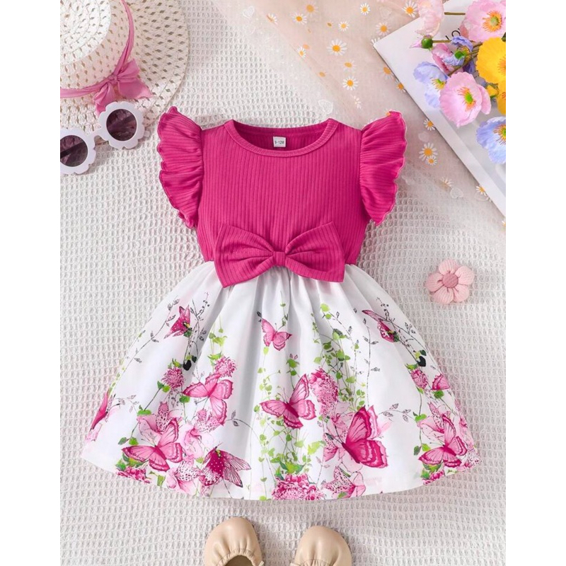 Vestido floral borboletas com Mangas Franzidas para Meninas Bebês no Verão