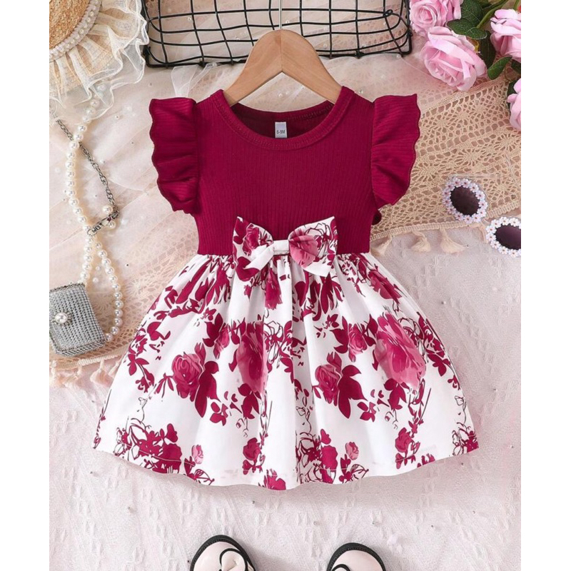 Vestido de Verão bebê com Manga Babado e Patchwork Floral Para Bebê Menina