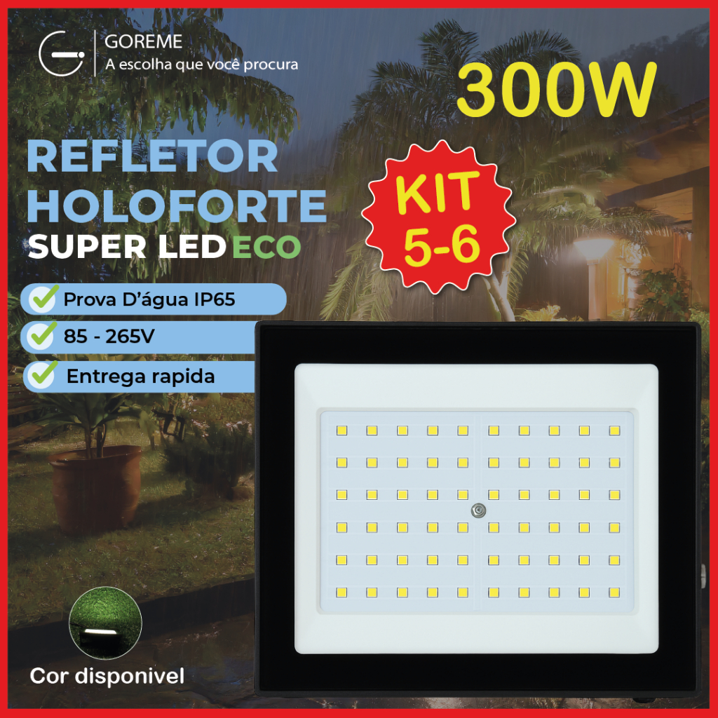 Kit 6 Holofote Refletor Led ECO Pro 300W Luz Fria IP65 | Luz Econômica | Para Jardim | Ambiente