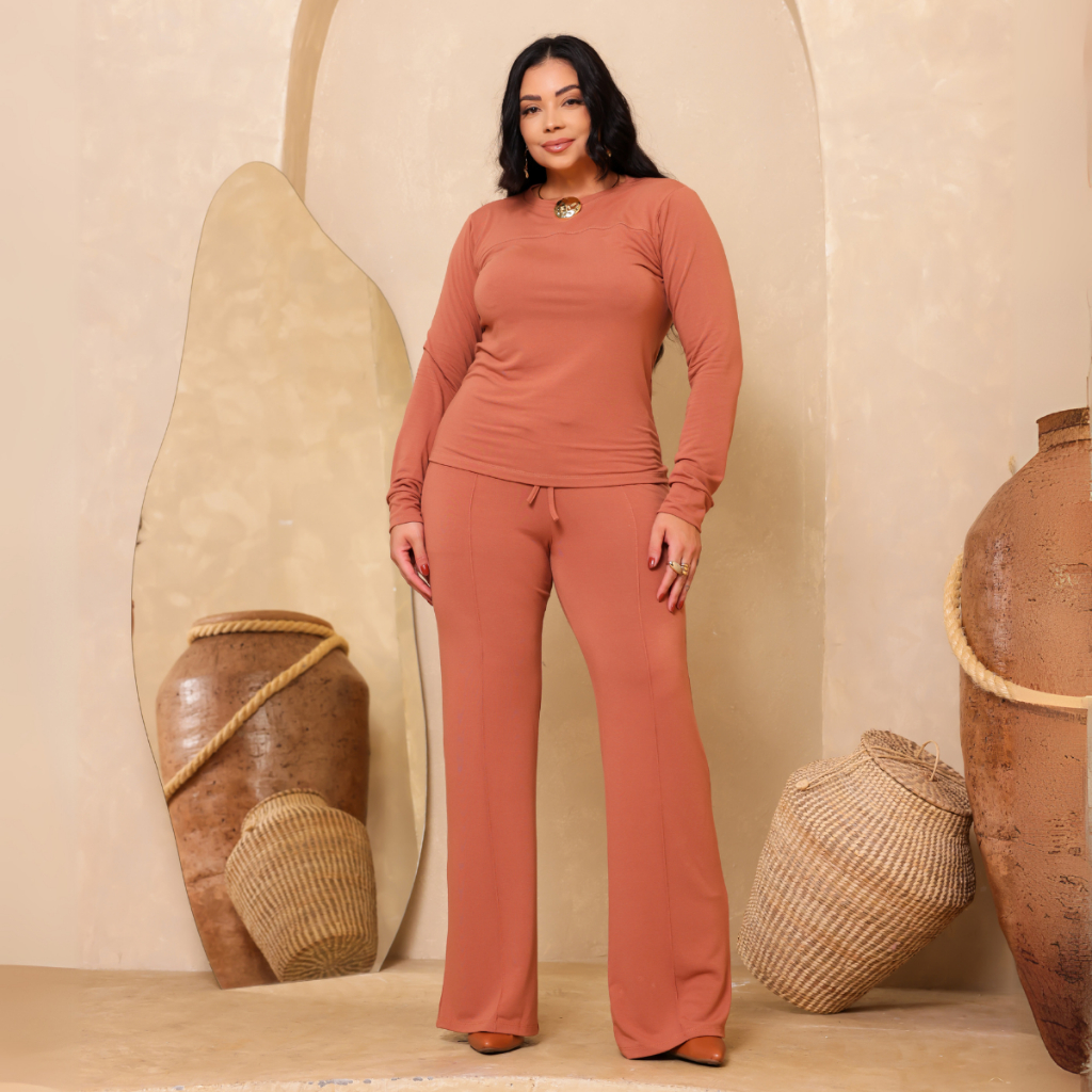 Conjunto Feminino Manga Longa Moletinho Calça Pantalona Confortavel Premium