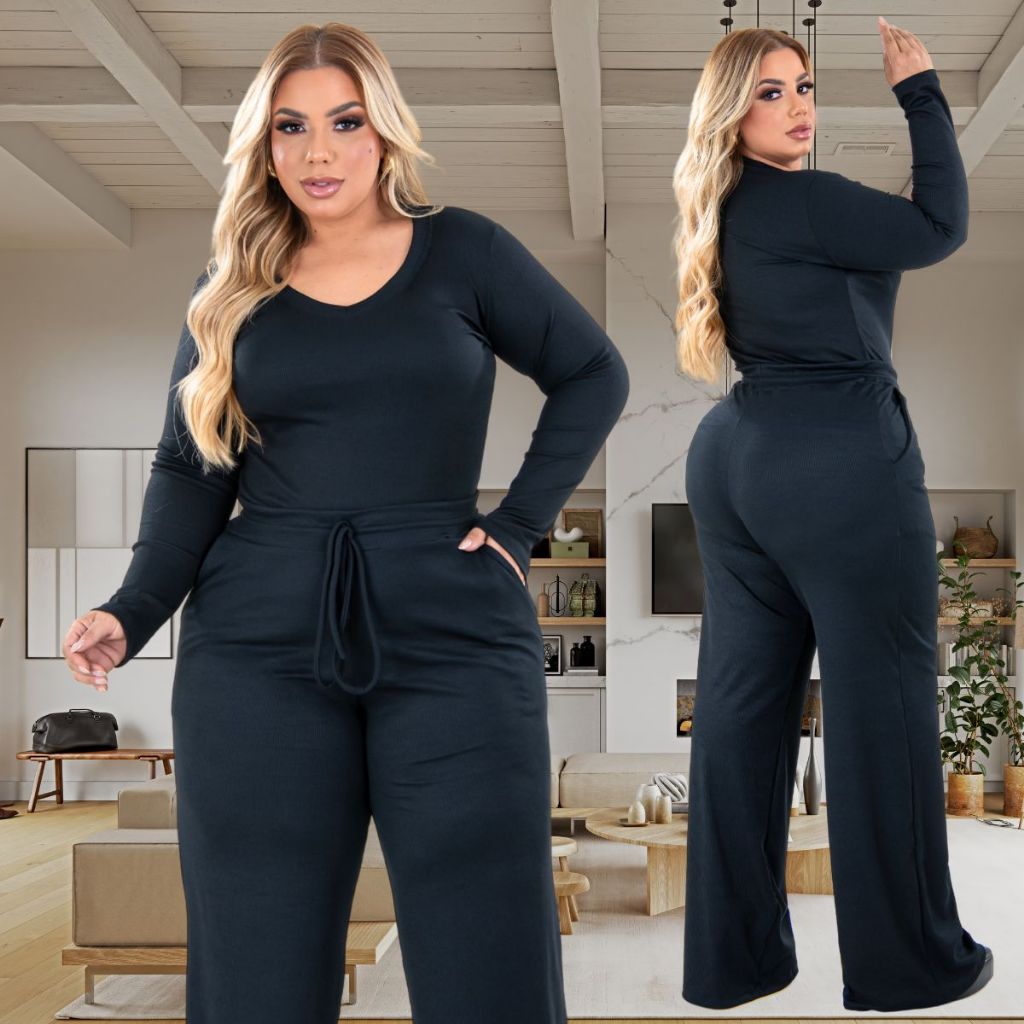 Conjunto de Frio Plus Size Blusa Manga Longa Calça Pantalona Social Tendência até G4