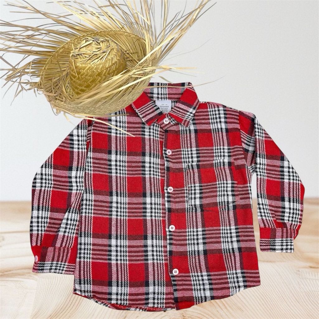 Camisa Infantil Junina Xadrez Manga Longa Menino Arraial Roupa Festa C/ Chapéu De Palha Desfiado Temático