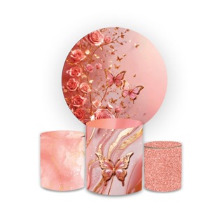 Painel Redondo + Trio Capas Cilindros Temas Borboleta Rose Veste Fácil Aniversário Lançamento em Oferta na Shopee
