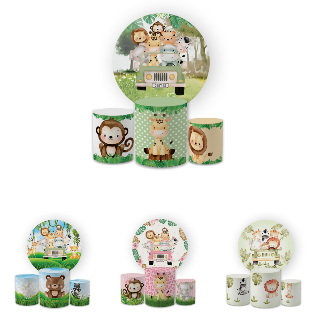 Kit Safari Decoração Infantil Sistema Veste Fácil Capas Painel + Trio Cilindros