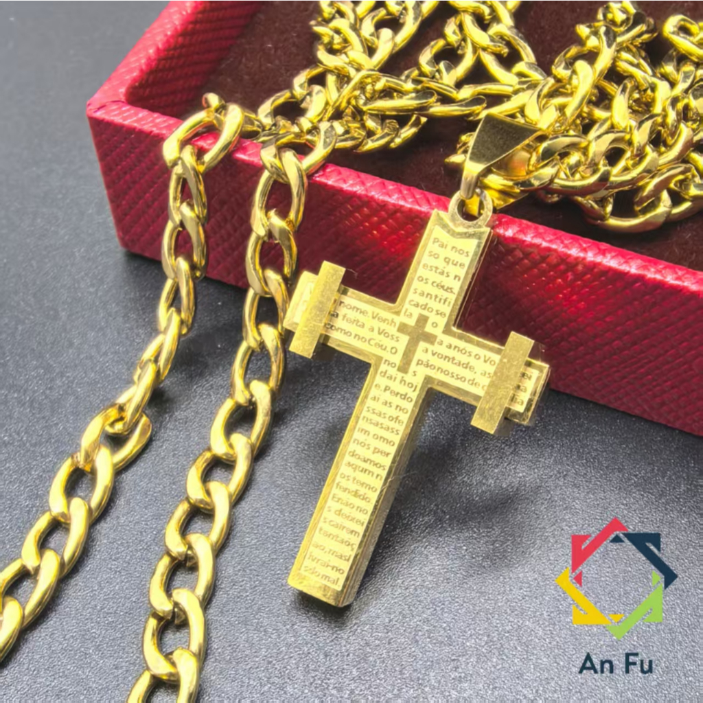Kit Corrente e Pulseira Masculina com Pingente Cruz Pai Nosso – Aço Inox Dourado em Oferta na Shopee