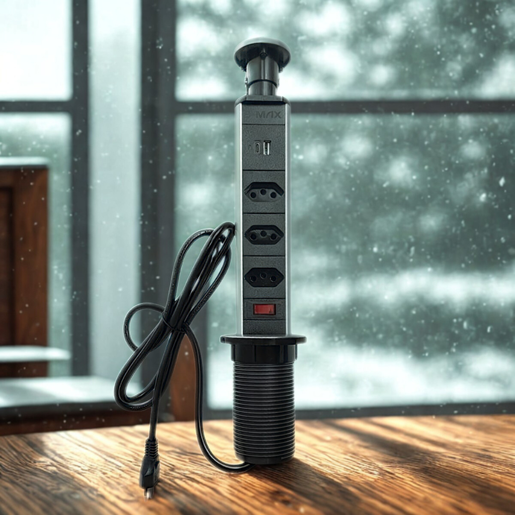 Torre de Tomada Multiplug 10A USB Retratil Tipo-C Embutir Mesa Bancada
