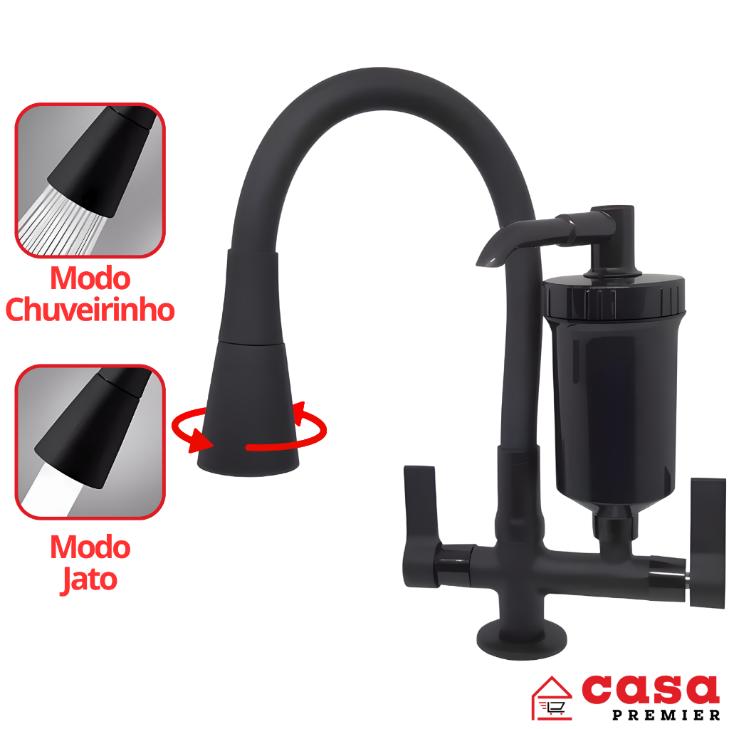 Torneira Gourmet Flexível Com Filtro Preta Pia Cozinha Mesa Bancada Casa Premier