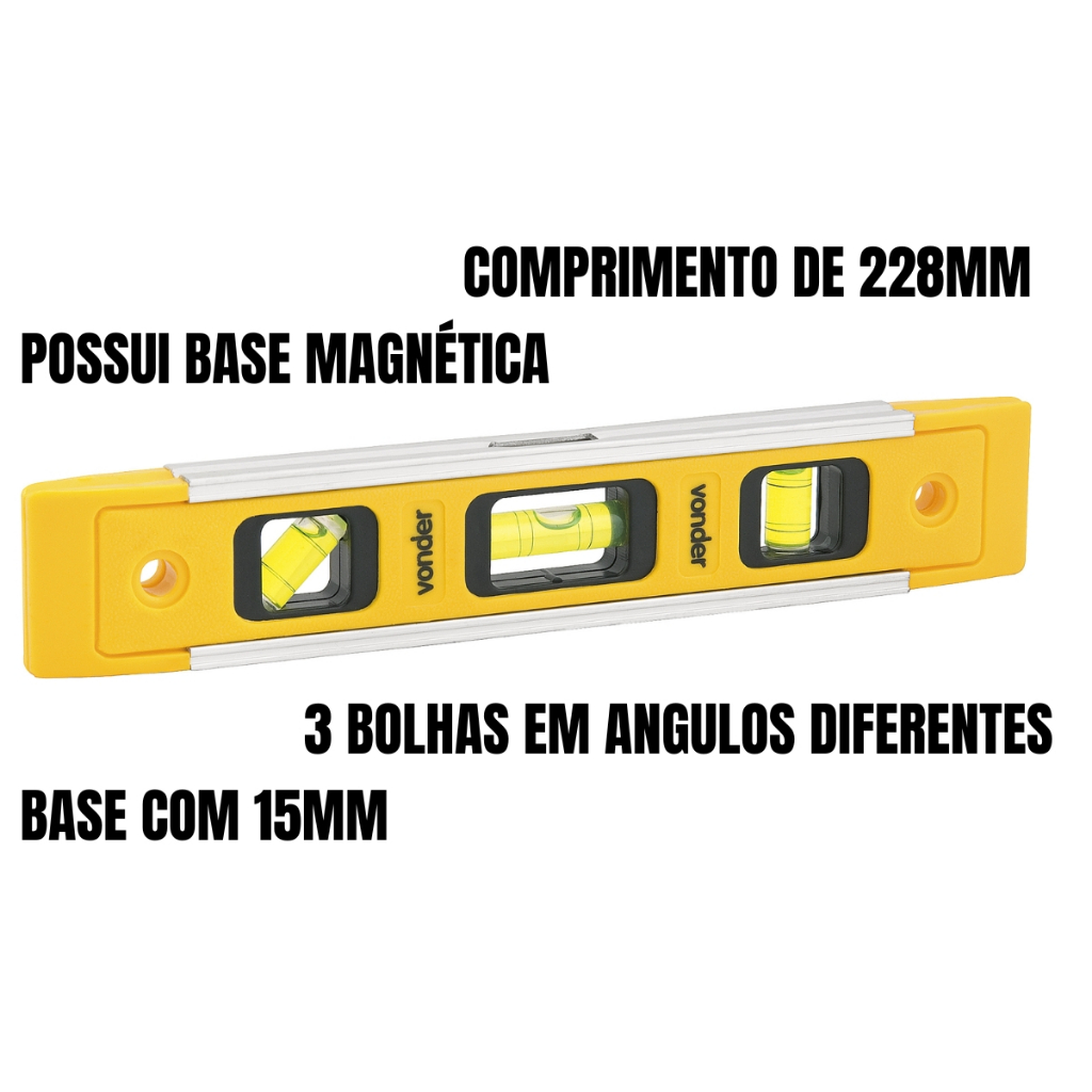 Nível Com Base Magnética 9 Polegadas Com Três Bolhas Vonder Resistente Medir · foto 2